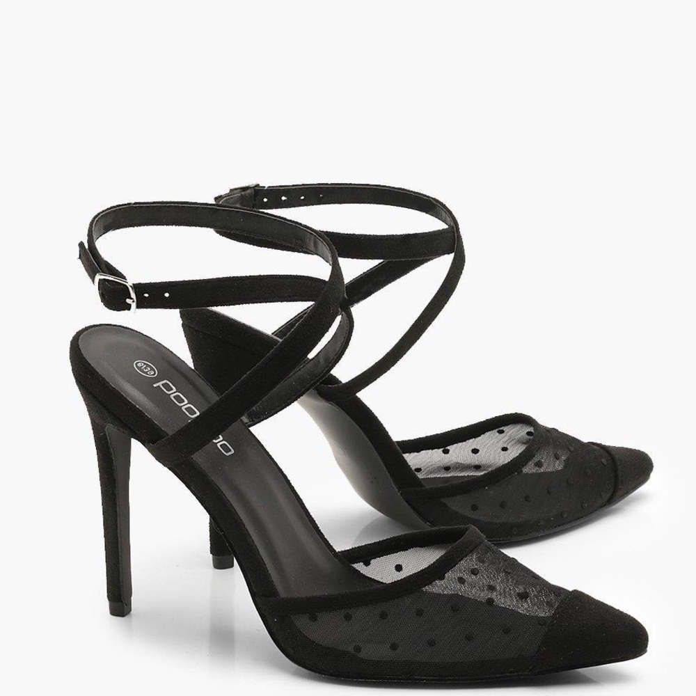 Boohoo Black Polka Dot Wrap Court Heels Size 5